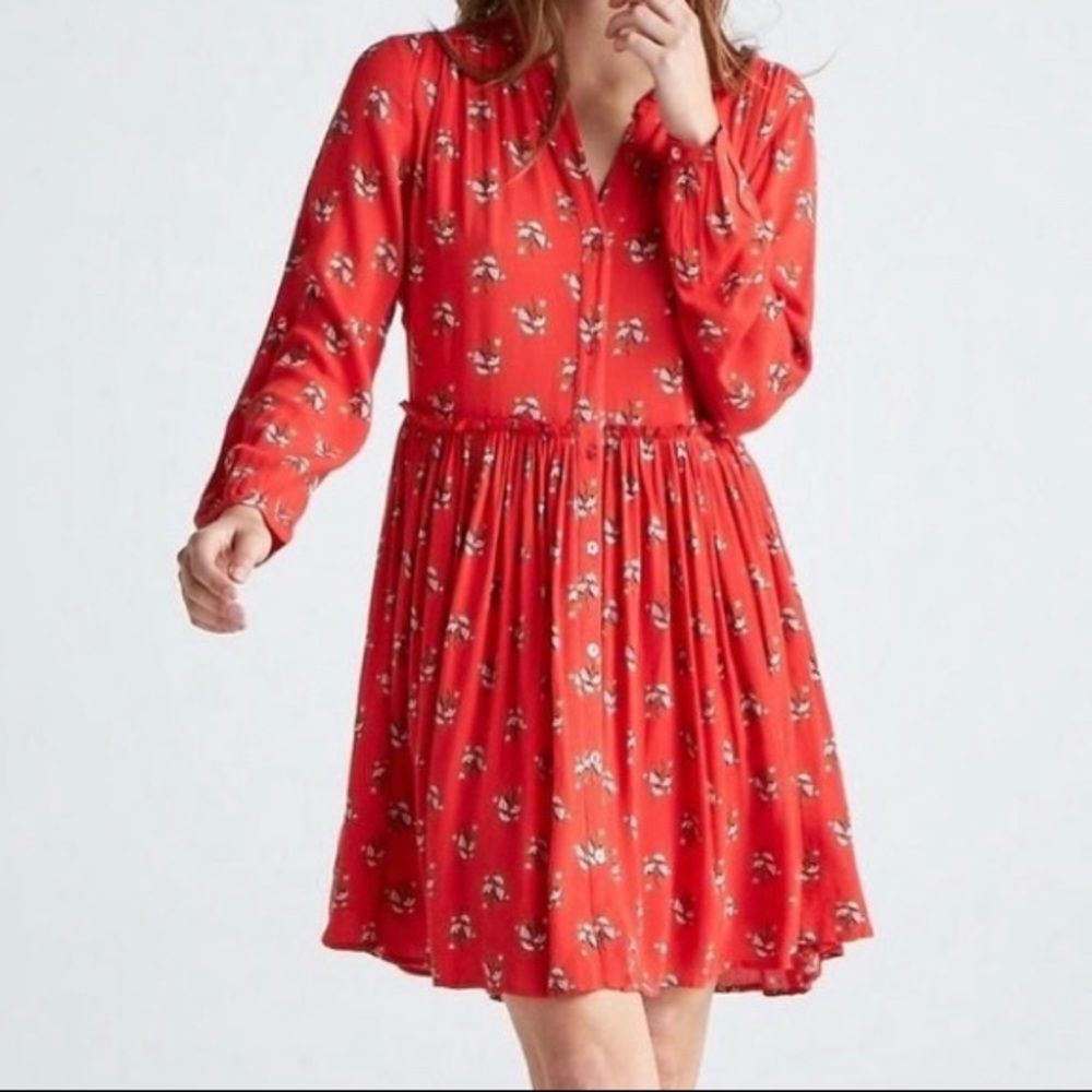 NWT Lucky Brand Red Floral Button Up Long Sleeve Shirt Dress Size Large